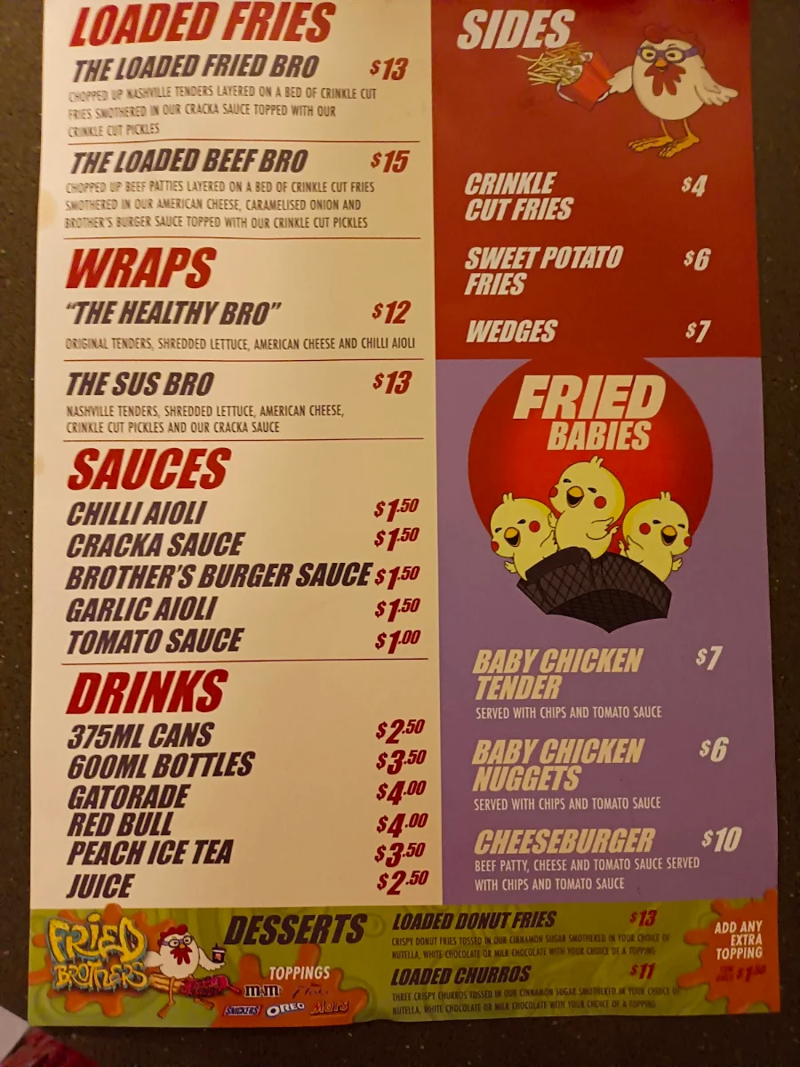 Menu, Fried Brothers Mount Druitt