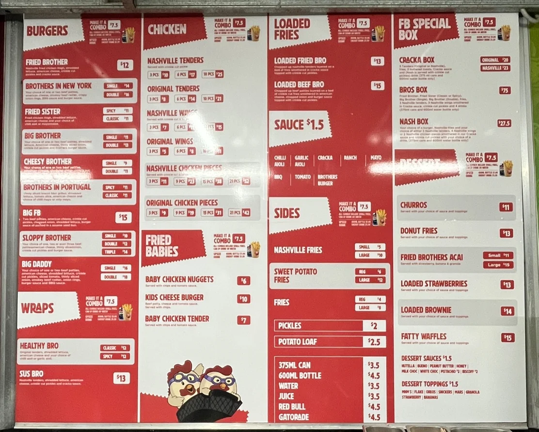 Menu, Fried Brothers Mount Druitt