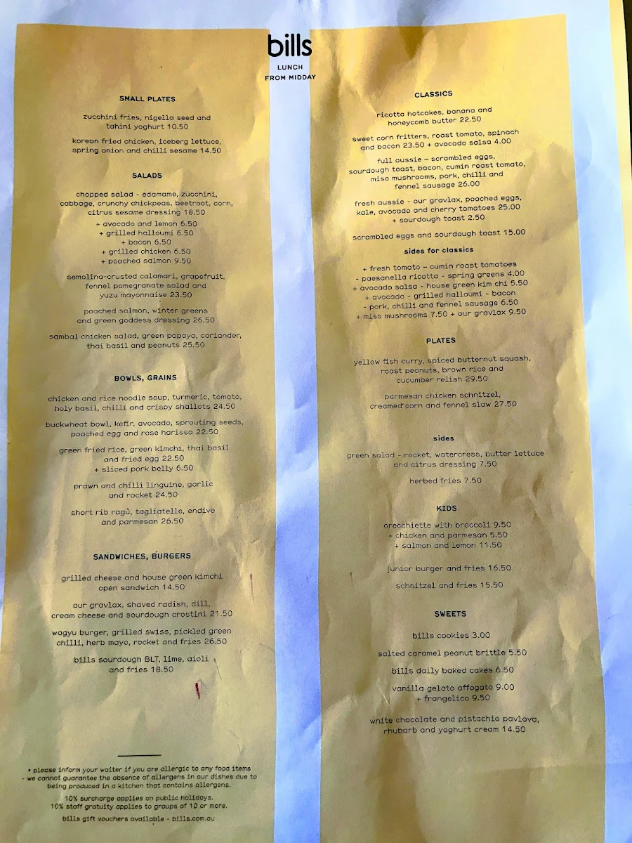 Menu, bills