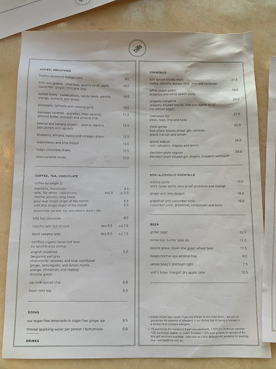 Menu, bills