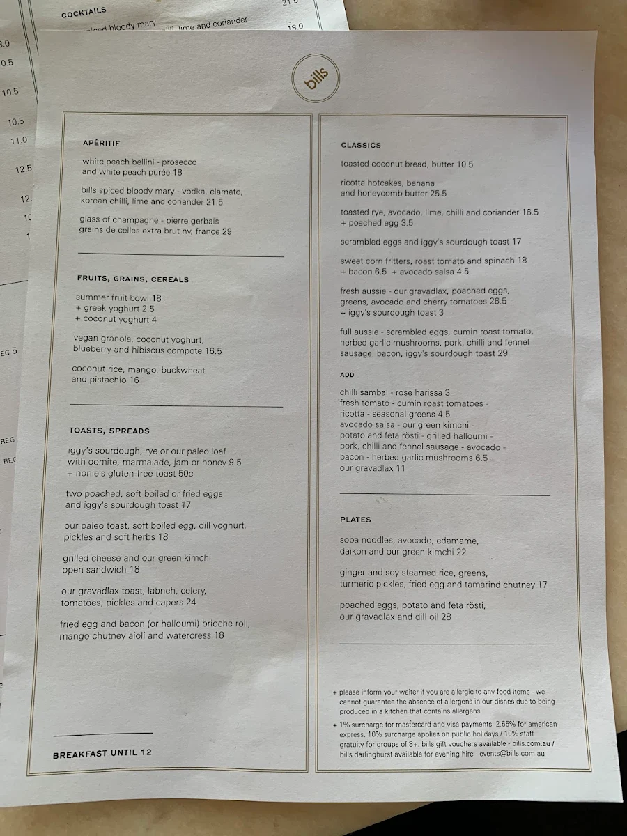 Menu, bills