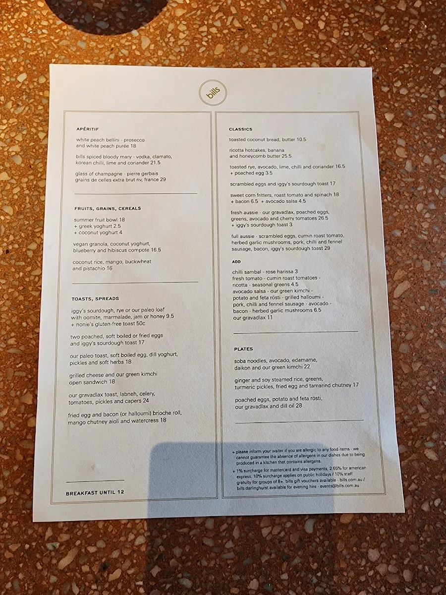 Menu, bills