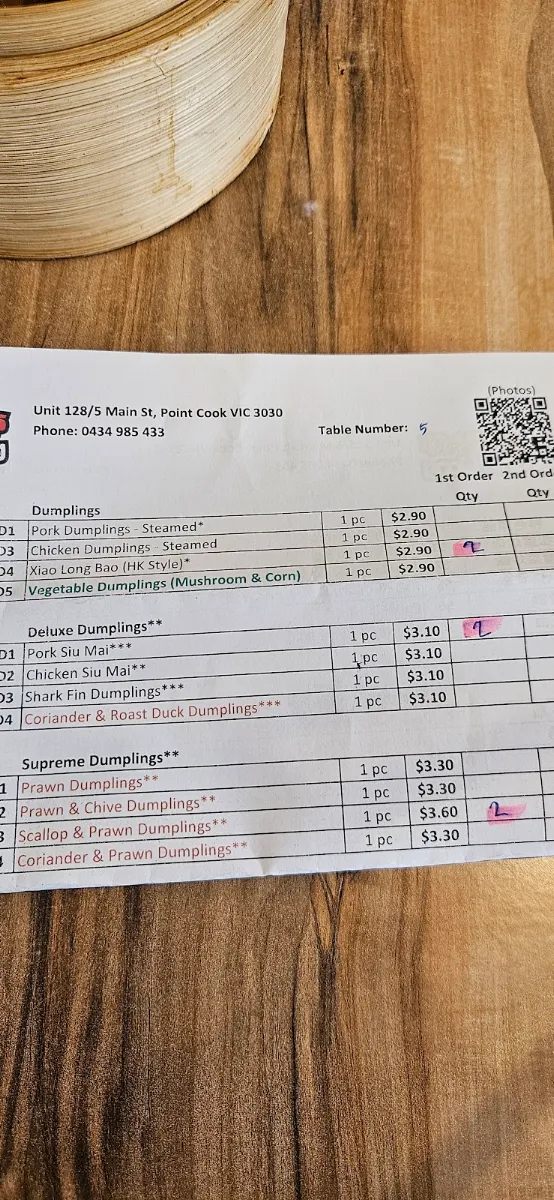 Menu, Chef Wong Point Cook