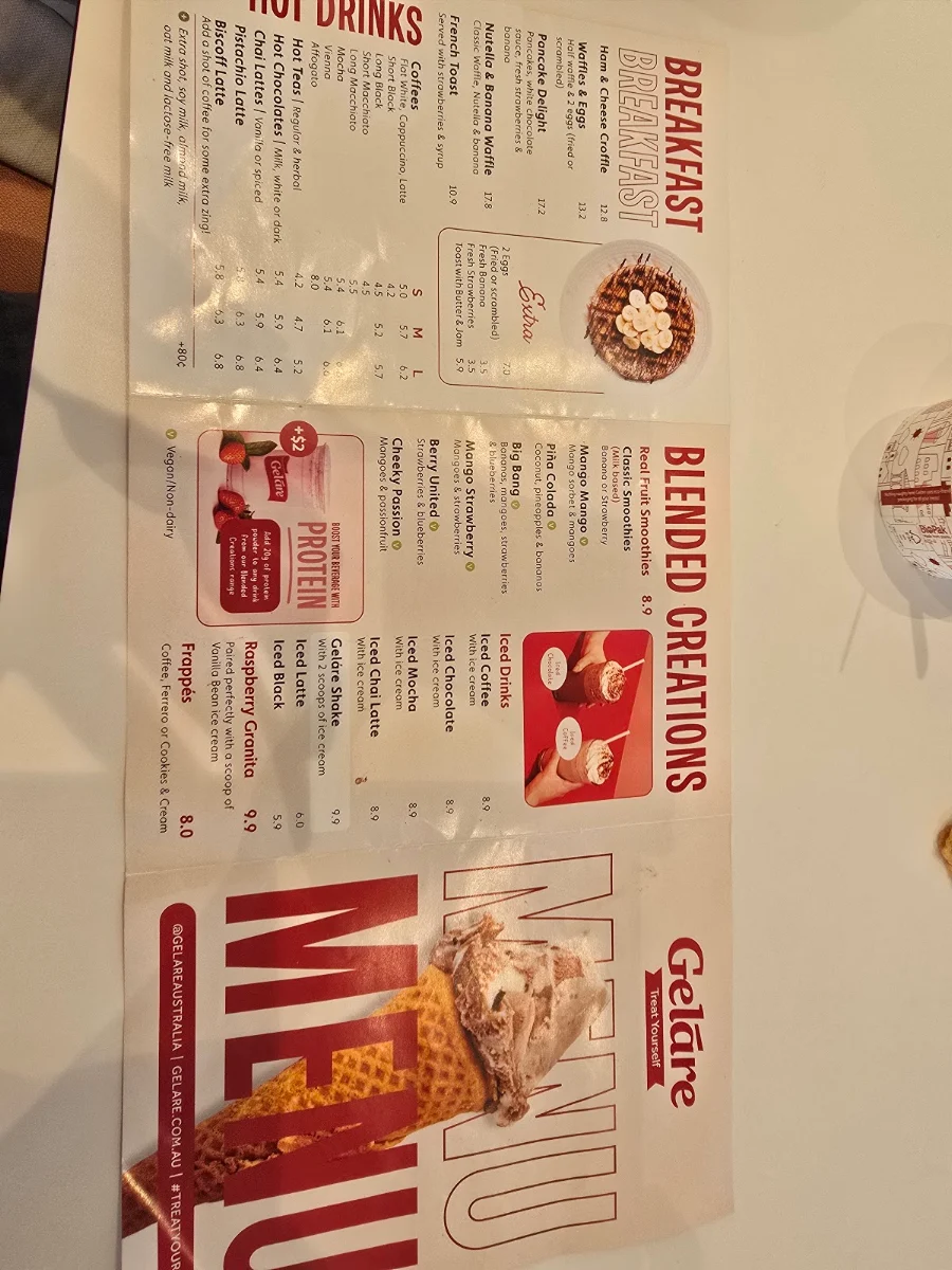 Menu, Geláre South Bank, Brisbane