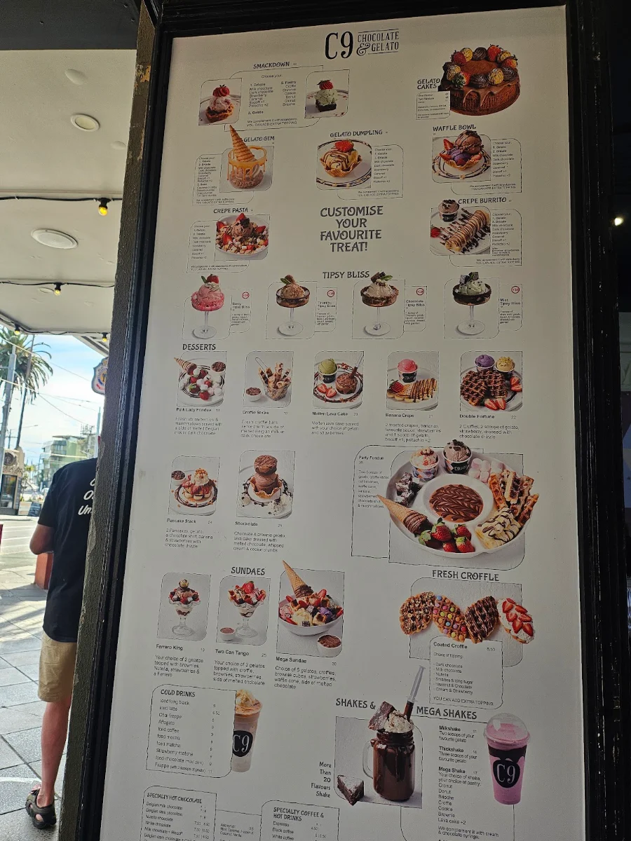 Menu, C9 Chocolate & Gelato St Kilda