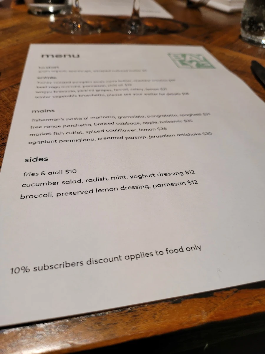 Menu, Bayly's Bistro