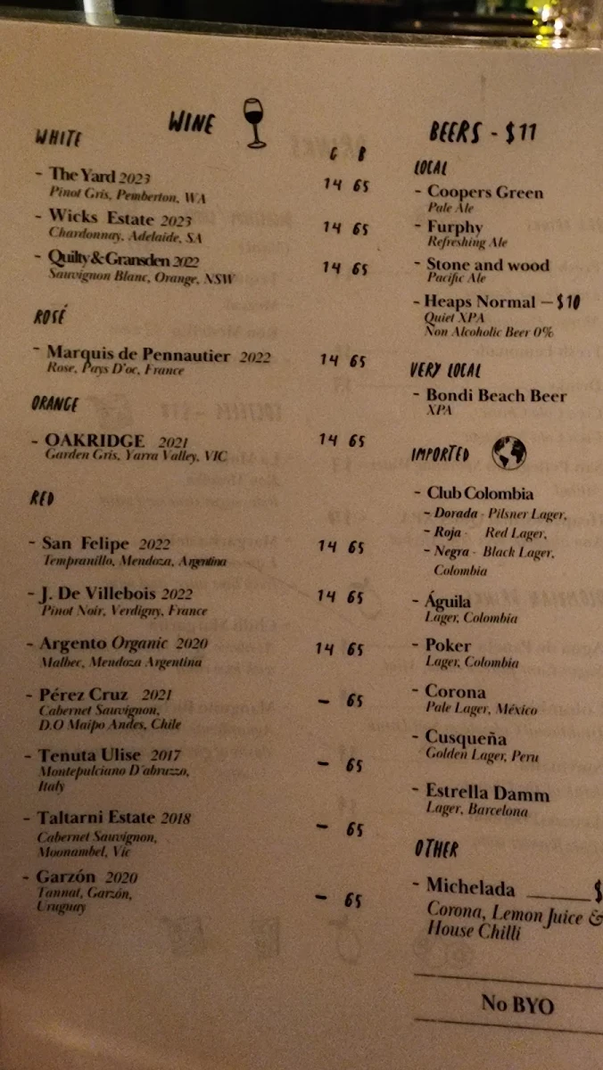 Menu, El Indio Bondi Beach