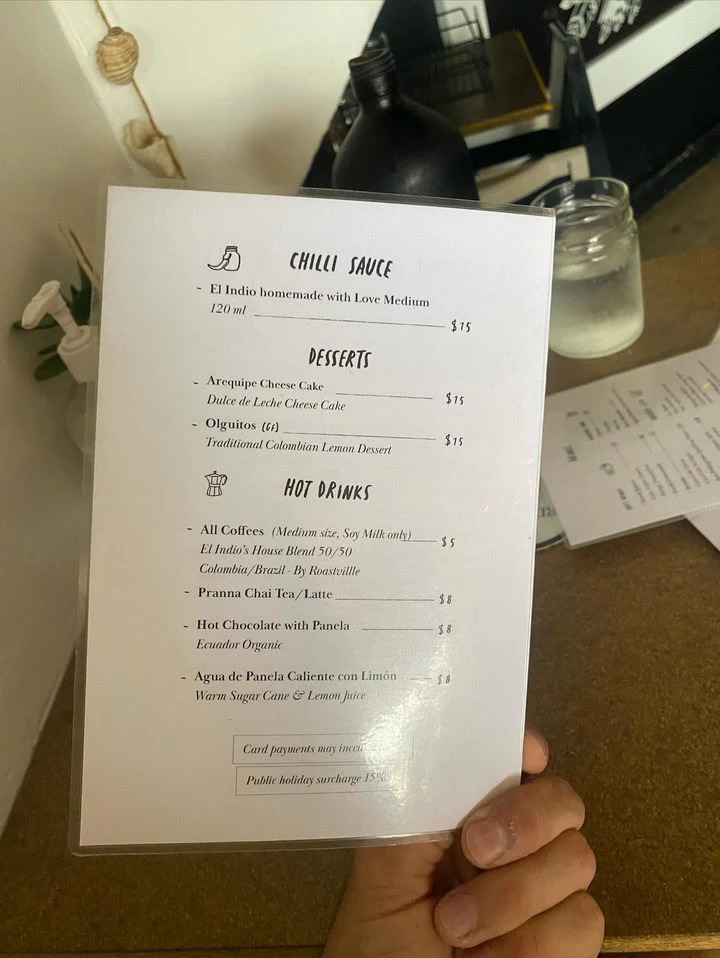Menu, El Indio Bondi Beach