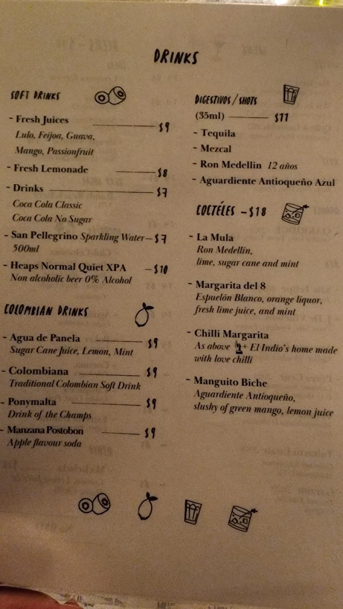 Menu, El Indio Bondi Beach