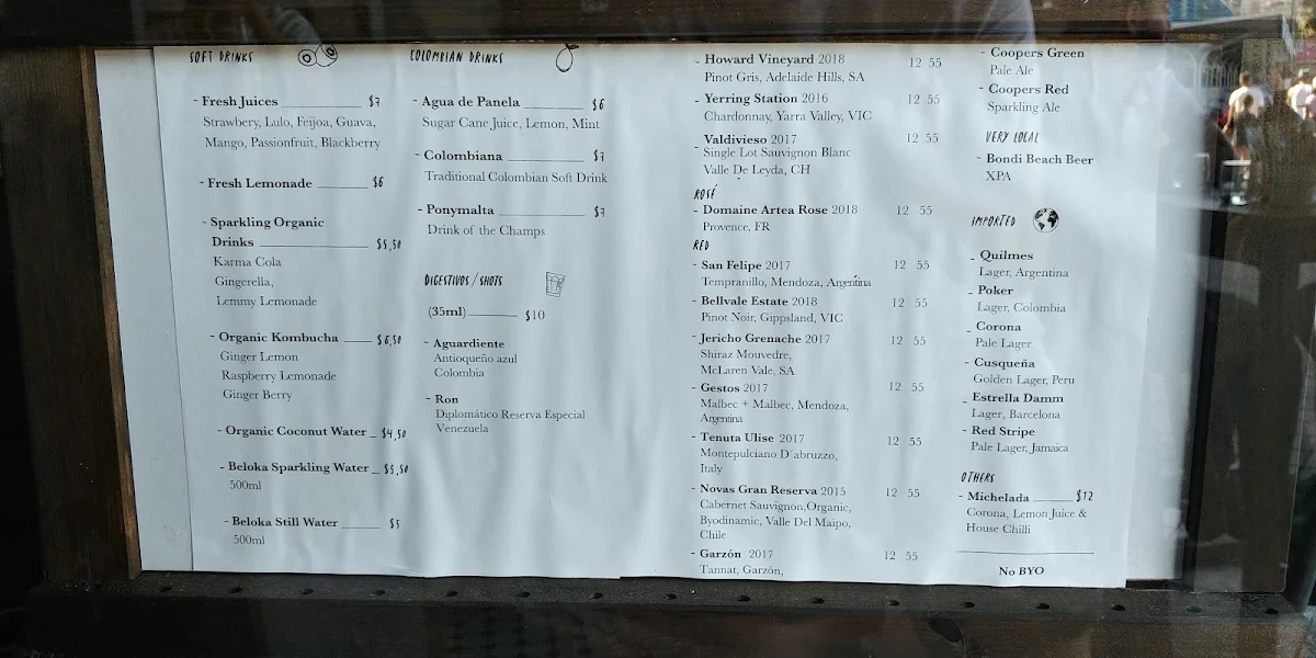 Menu, El Indio Bondi Beach