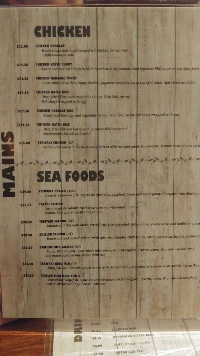 Menu, Chidori Japanese Kitchen