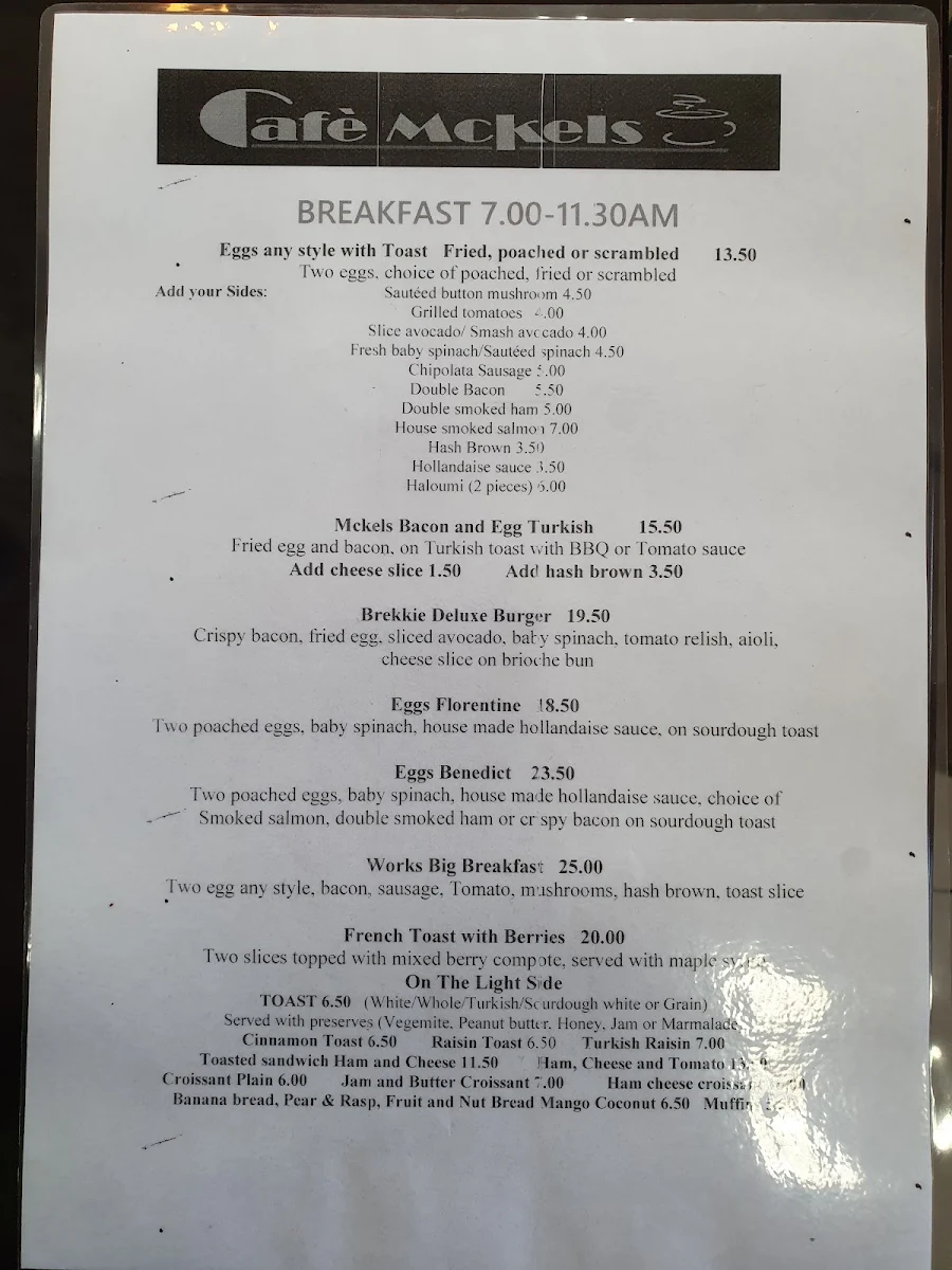 Menu, Café Mckels