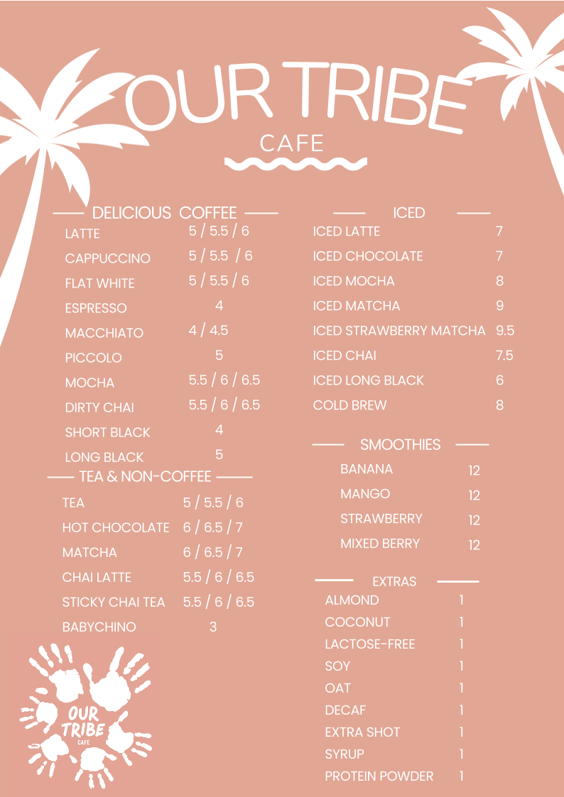 Menu, Our Tribe Cafe