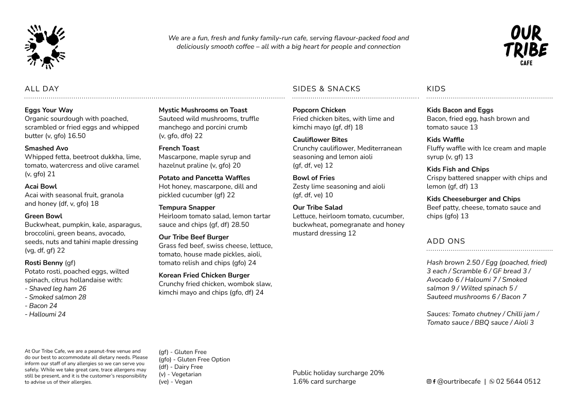 Menu, Our Tribe Cafe