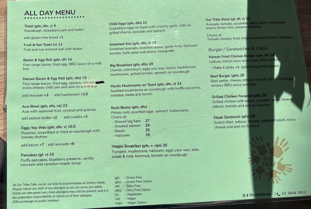 Menu, Our Tribe Cafe