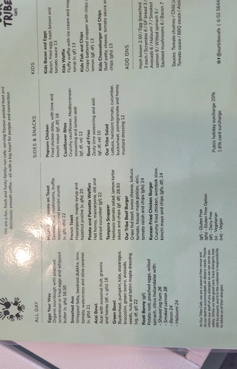 Menu, Our Tribe Cafe