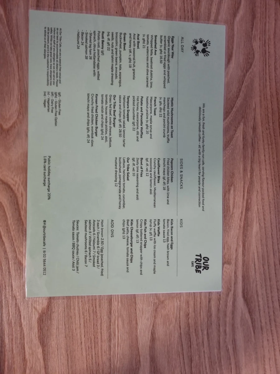 Menu, Our Tribe Cafe