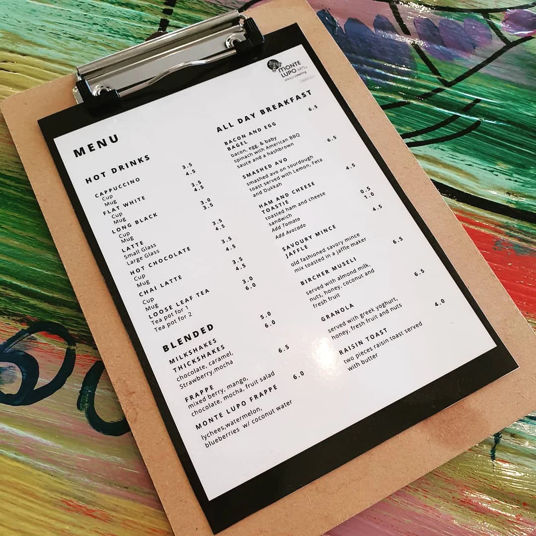 Menu, Monte Lupo Cafe Banyo