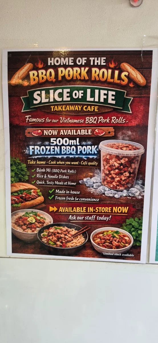 Menu, Slice of Life takeaway Cafe