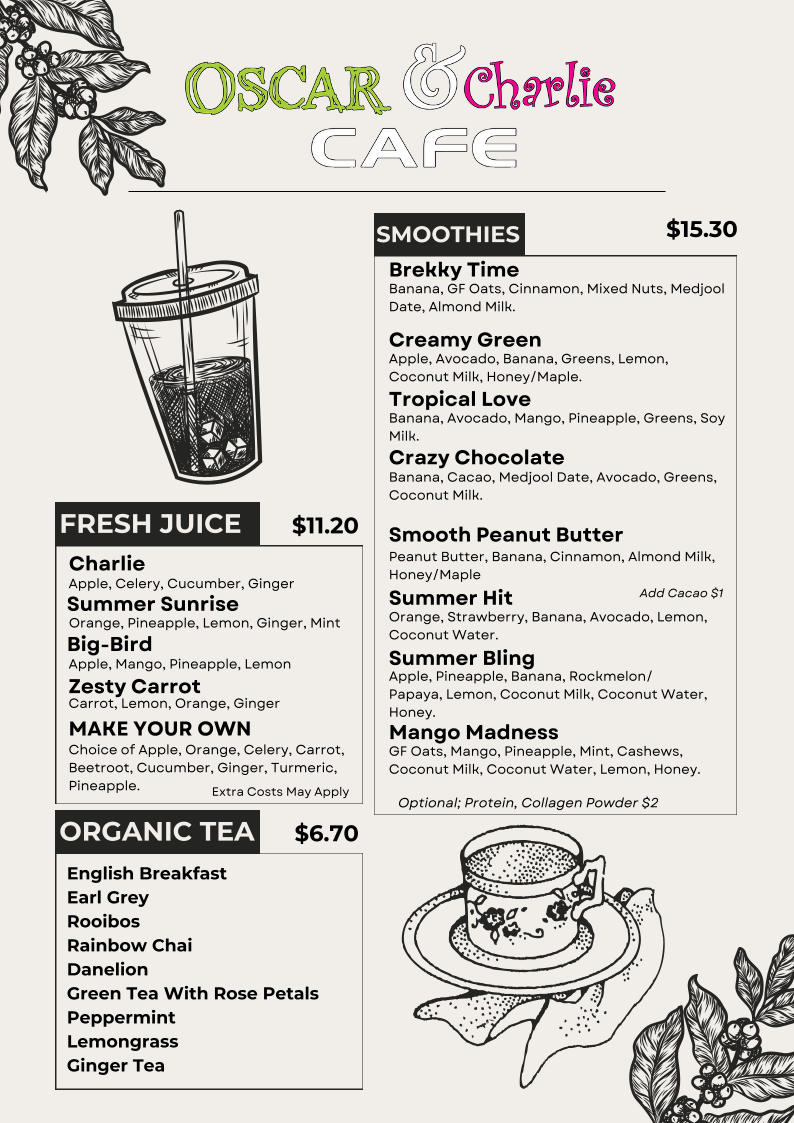 Menu, Oscar & Charlie Cafe