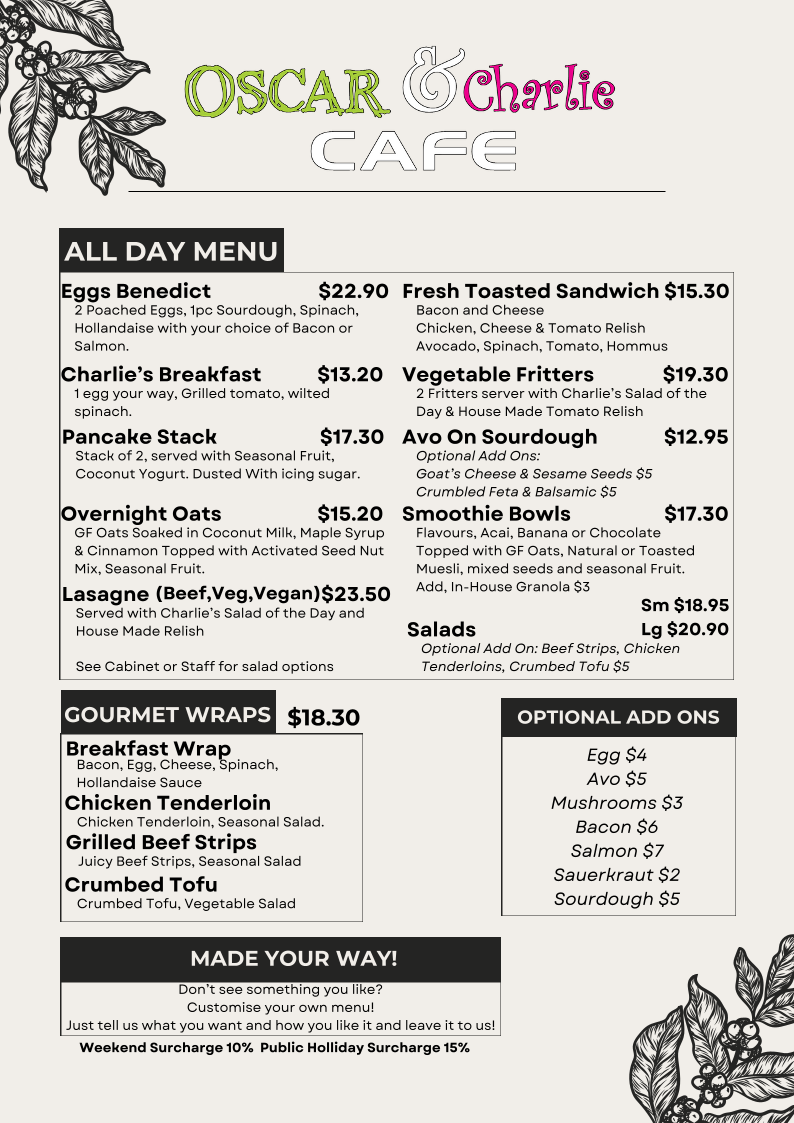 Menu, Oscar & Charlie Cafe