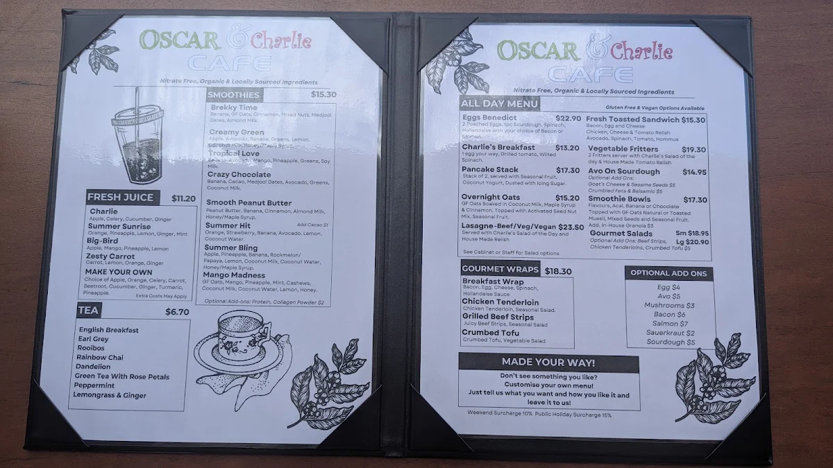 Menu, Oscar & Charlie Cafe
