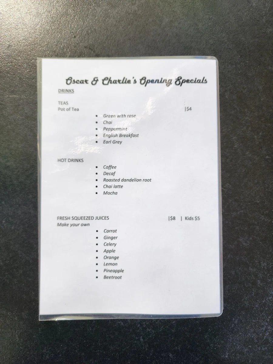 Menu, Oscar & Charlie Cafe