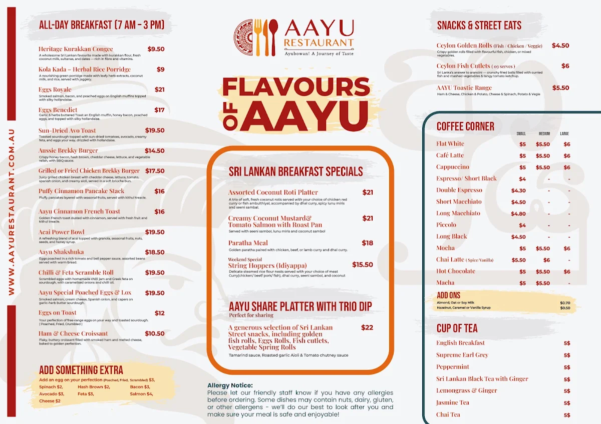 Menu, AAYU Restaurant