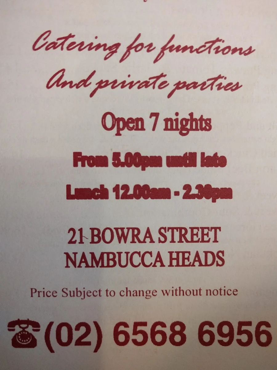 Menu, Nambucca China Palace