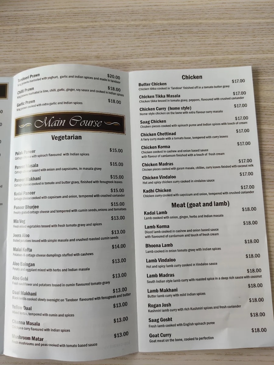 Menu, Rasika Restaurant