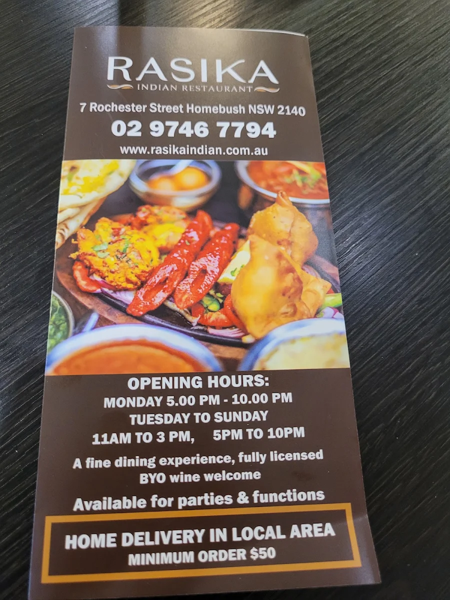 Menu, Rasika Restaurant