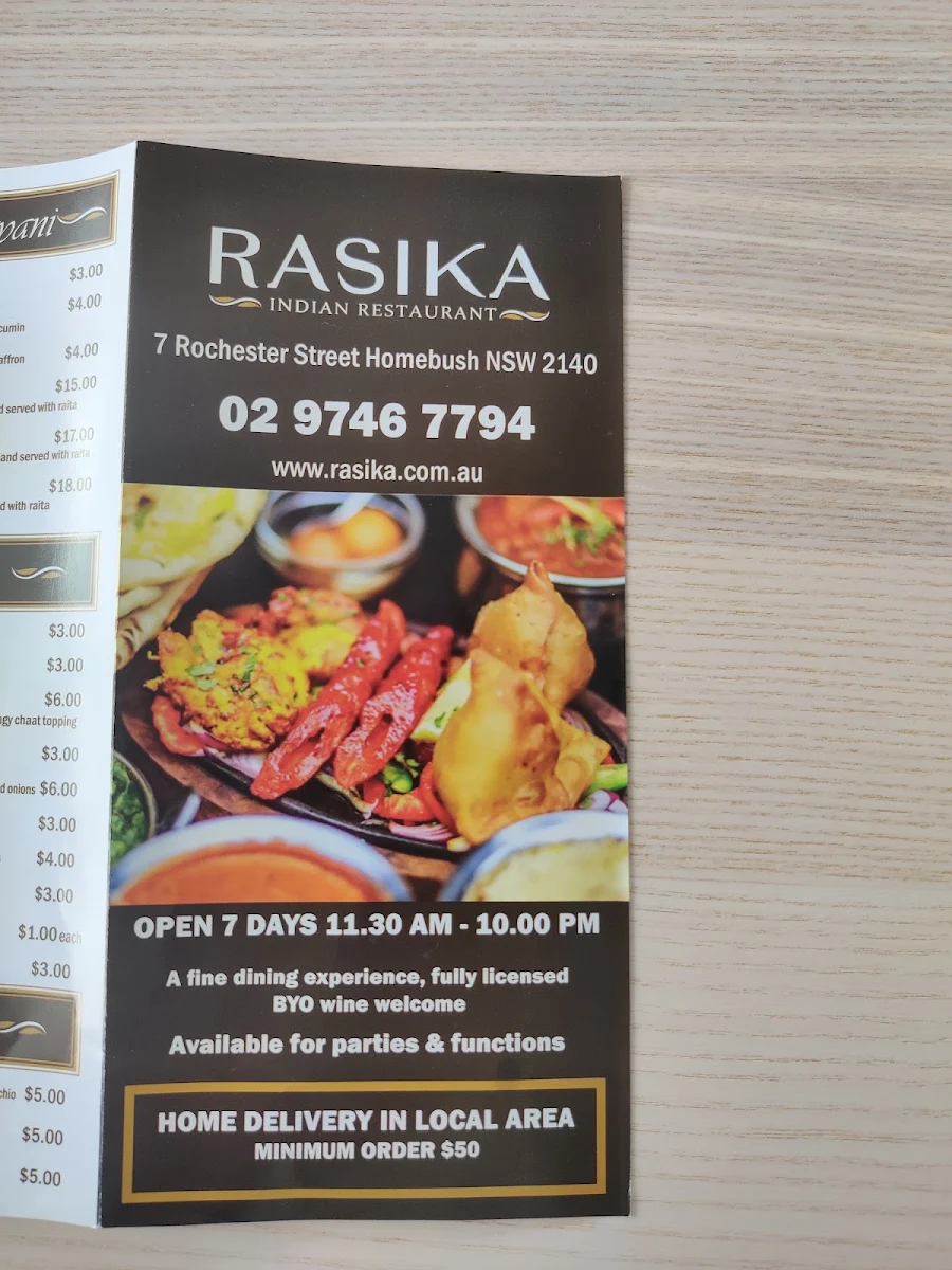 Menu, Rasika Restaurant