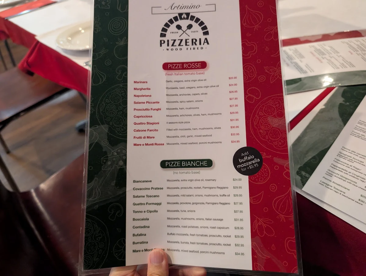 Menu, Artimino Italian Restaurant