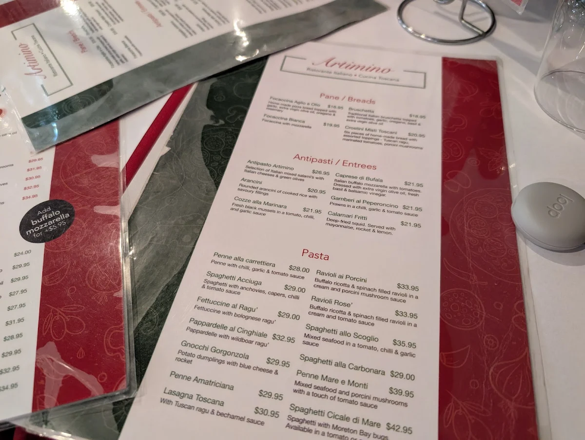 Menu, Artimino Italian Restaurant