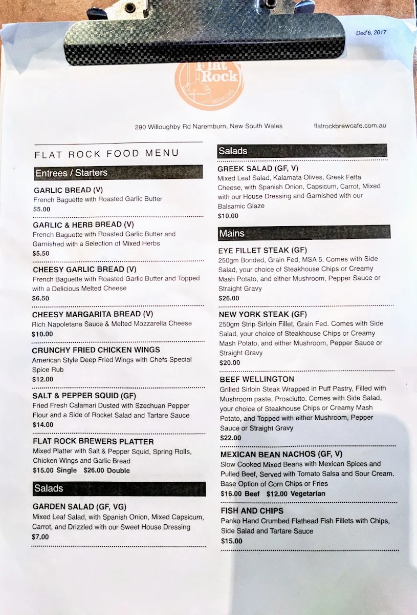 Menu, Flat Rock Brew Cafe
