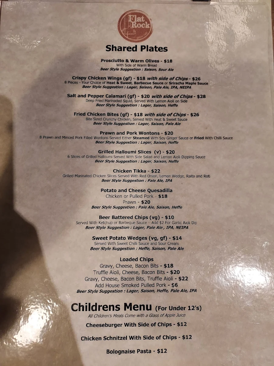 Menu, Flat Rock Brew Cafe