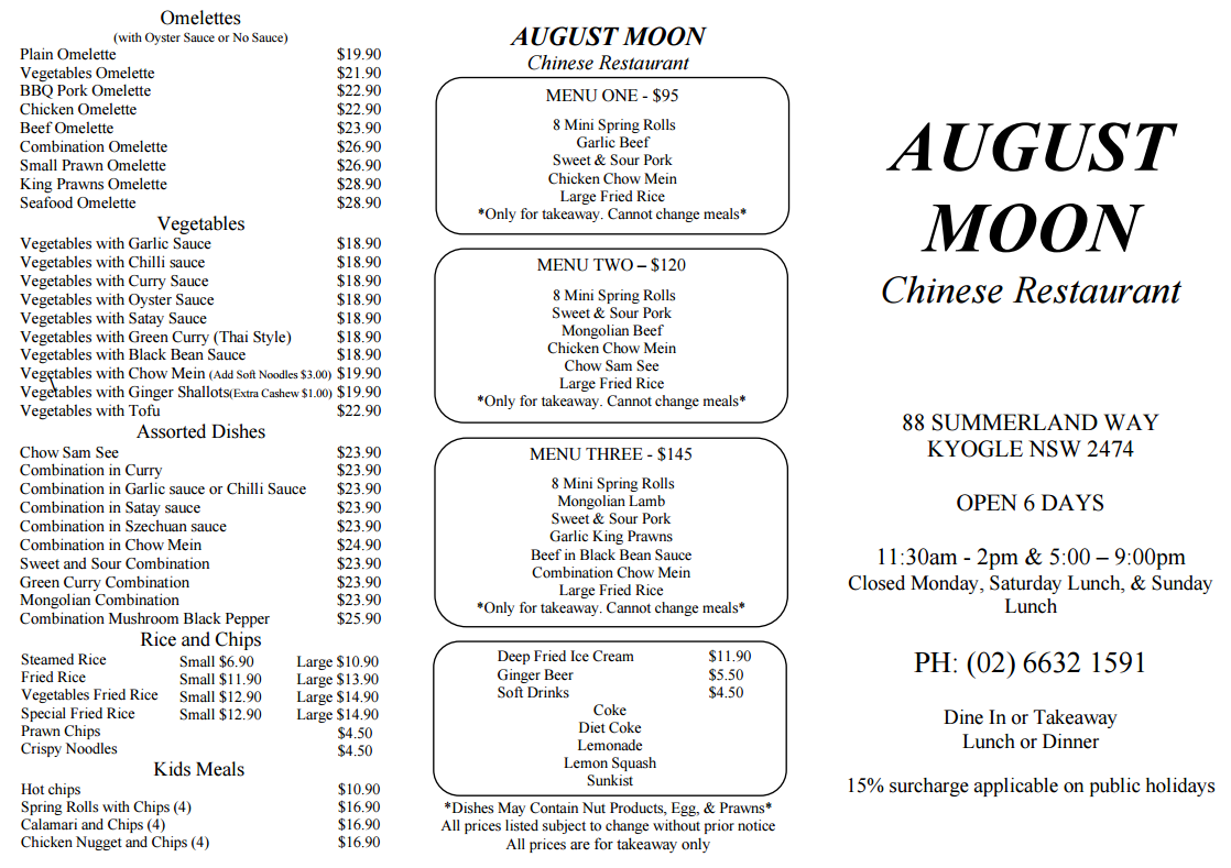 Menu, August Moon Chinese Restaurant Kyogle