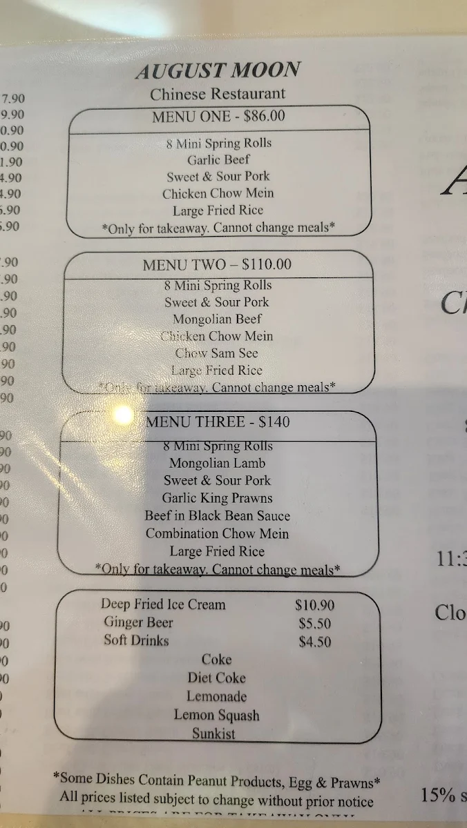 Menu, August Moon Chinese Restaurant Kyogle