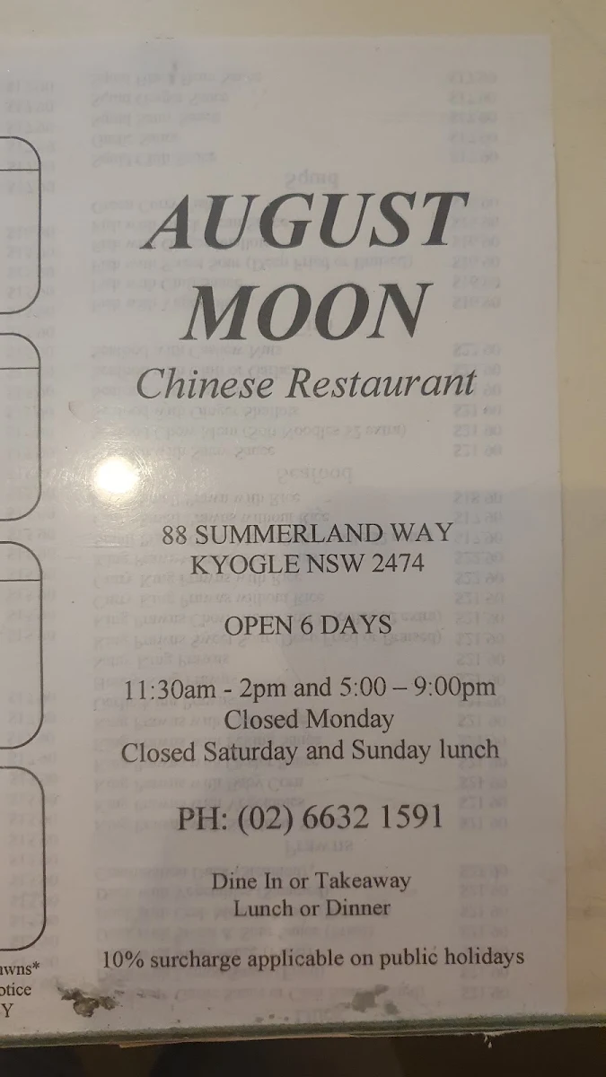 Menu, August Moon Chinese Restaurant Kyogle