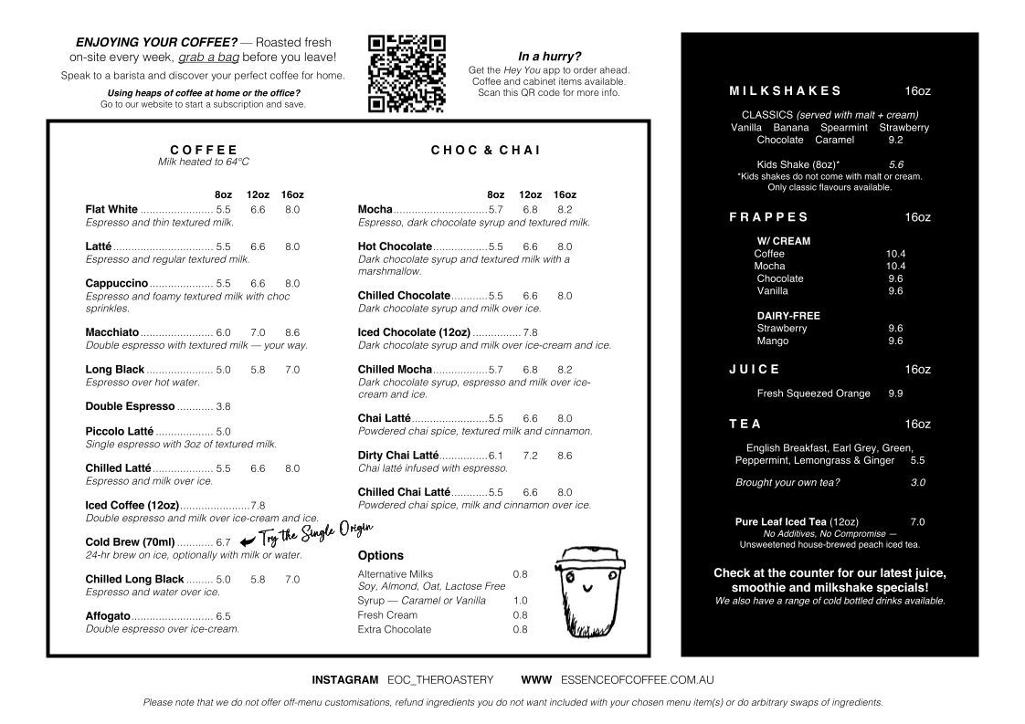 Menu, The Roastery