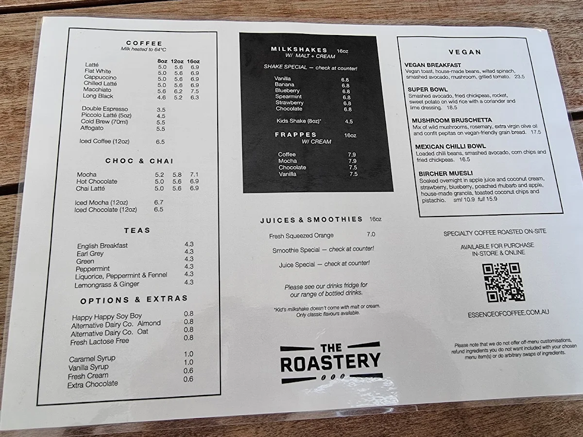 Menu, The Roastery