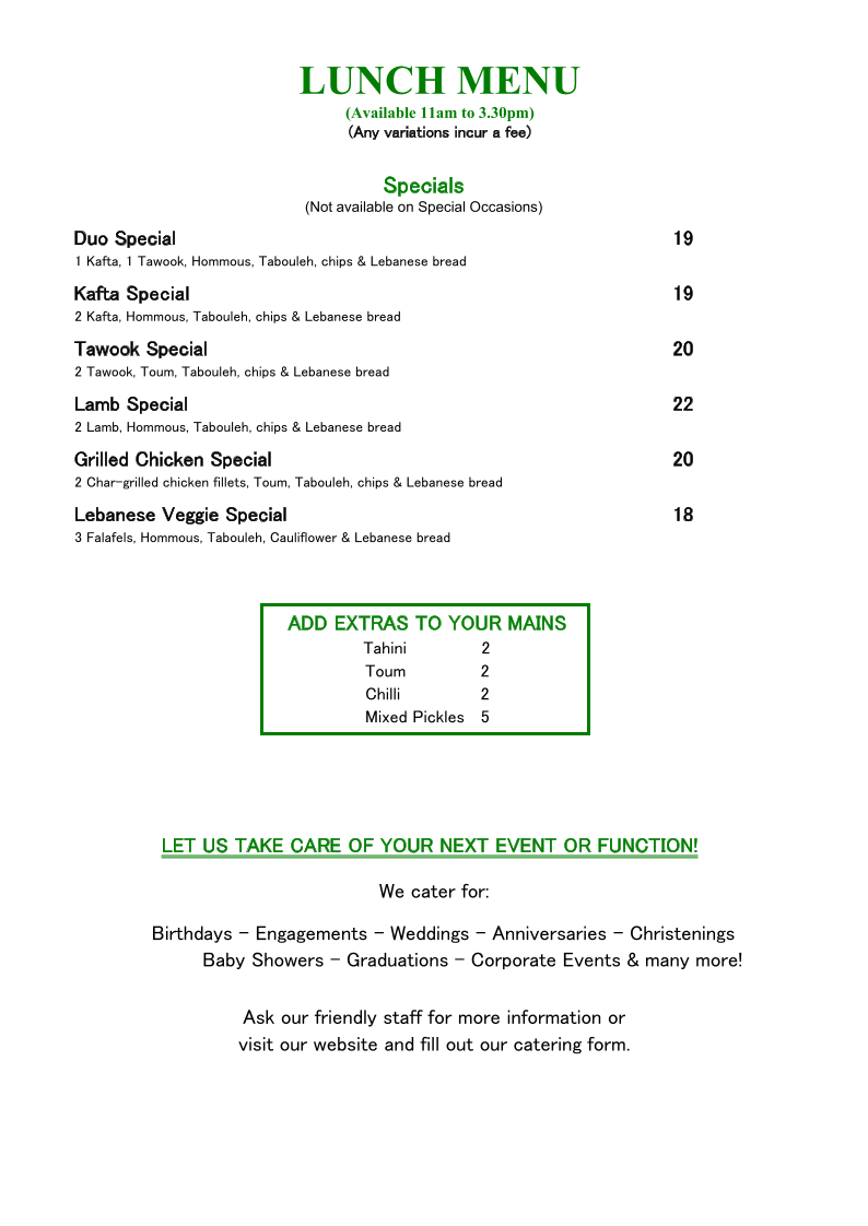 Menu, Jasmin 1 Lebanese Cuisine Five Dock