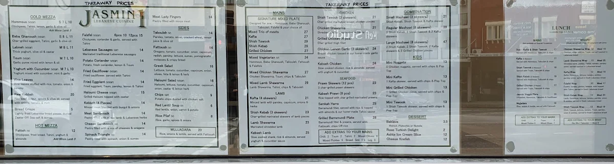 Menu, Jasmin 1 Lebanese Cuisine Five Dock