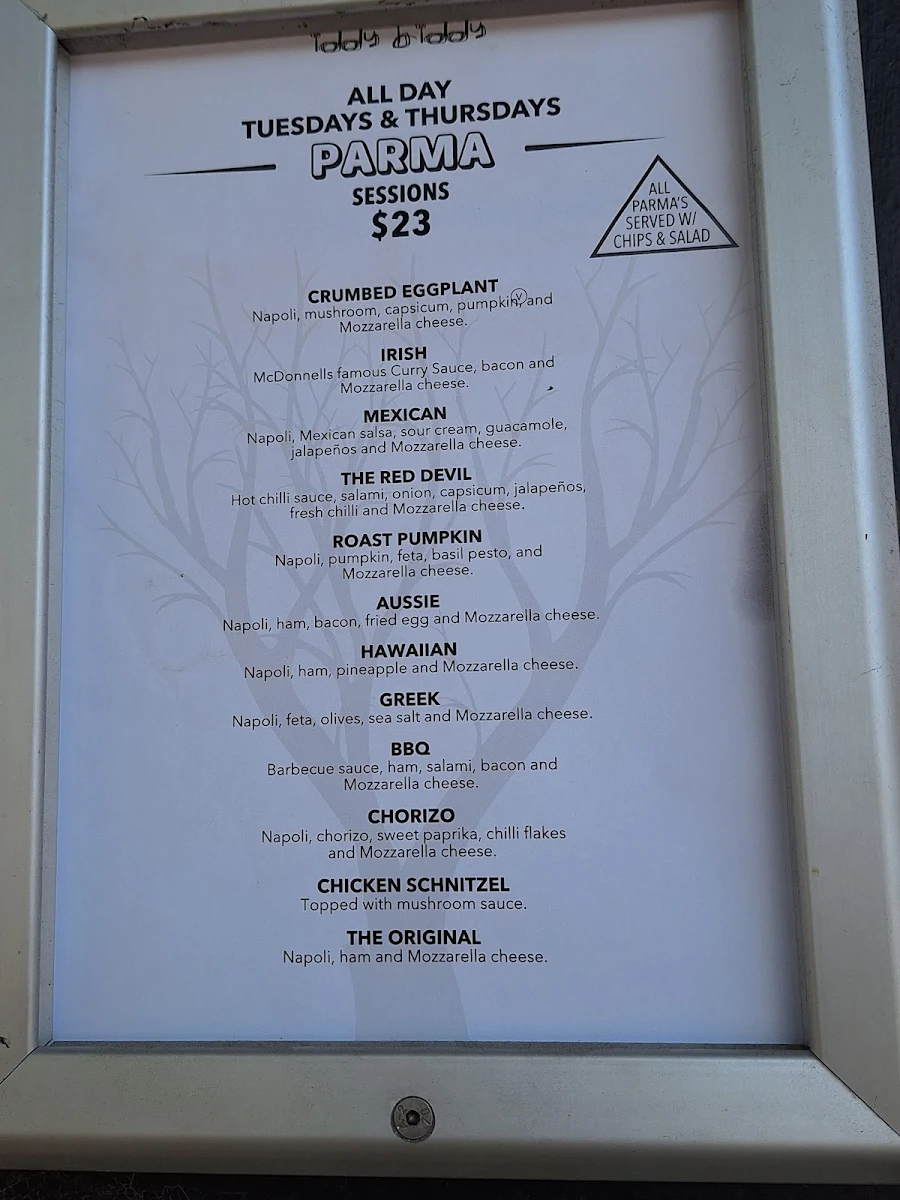 Menu, Iddy Biddy Bar