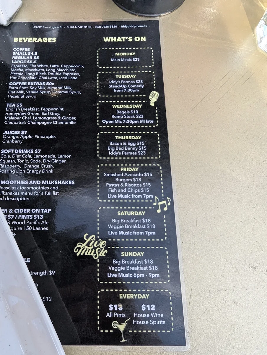 Menu, Iddy Biddy Bar