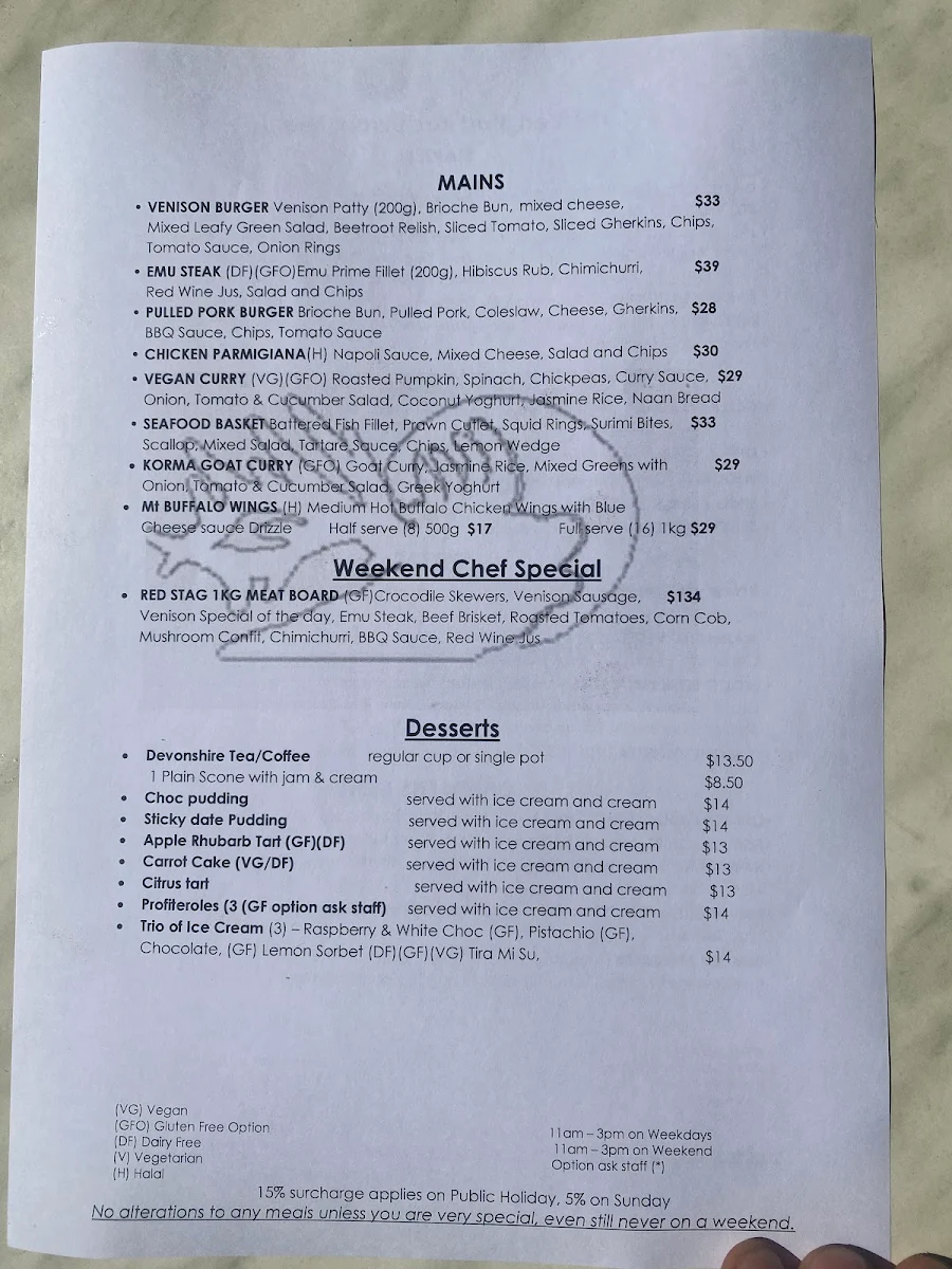 Menu, The Red Stag Restaurant