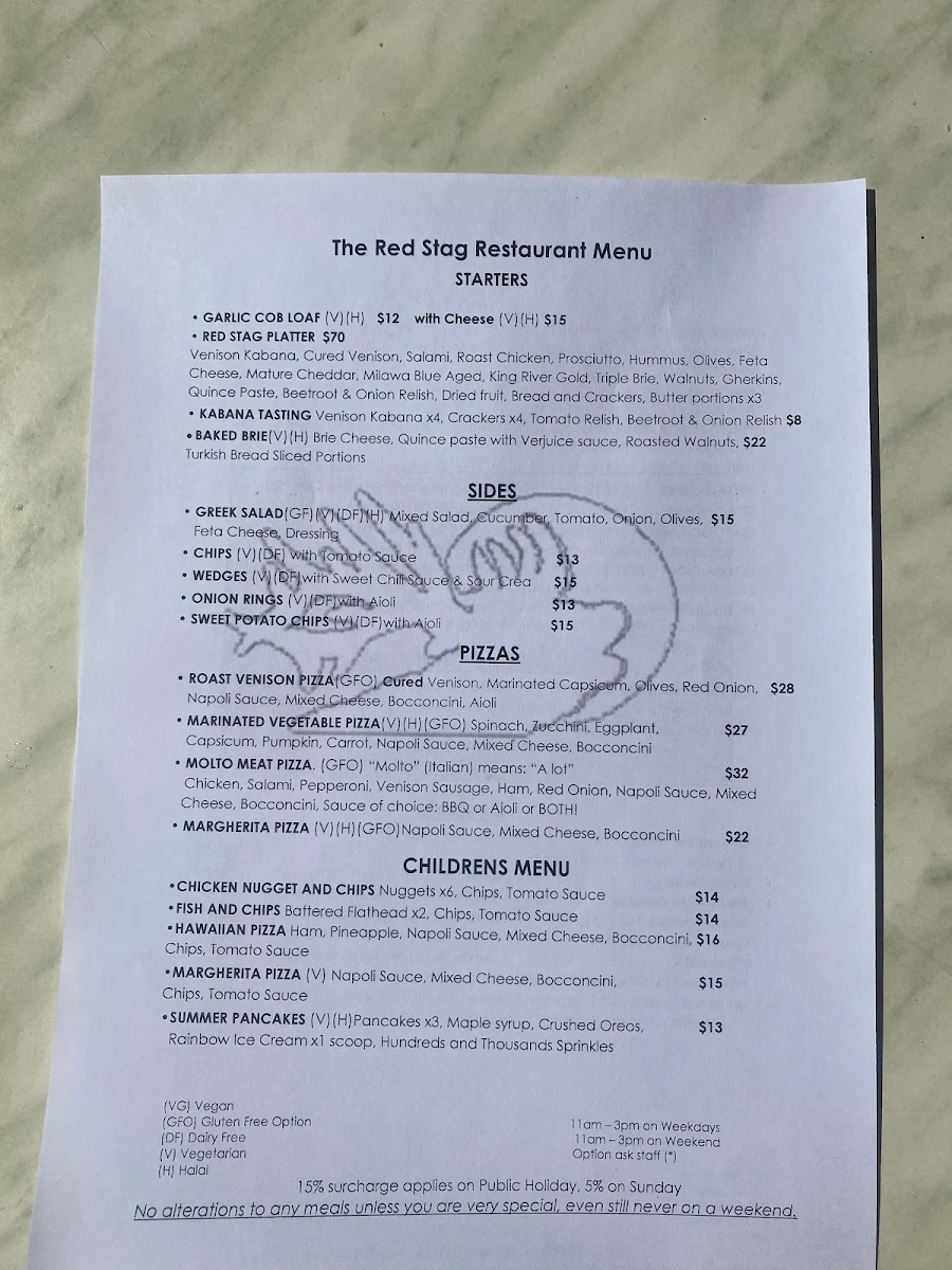 Menu, The Red Stag Restaurant