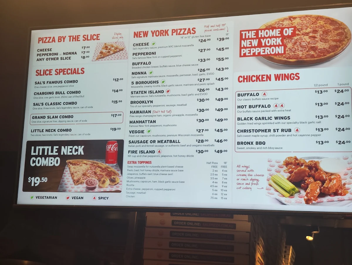 Menu, Sal's Authentic New York Pizza - Darlinghurst