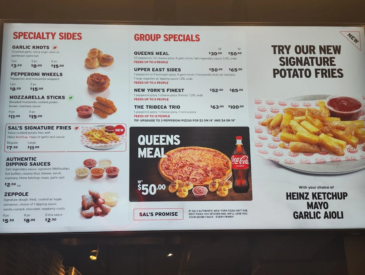 Menu, Sal's Authentic New York Pizza - Darlinghurst