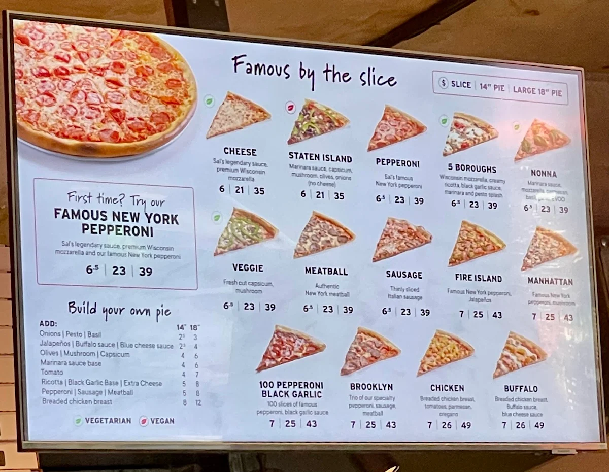 Menu, Sal's Authentic New York Pizza - Darlinghurst